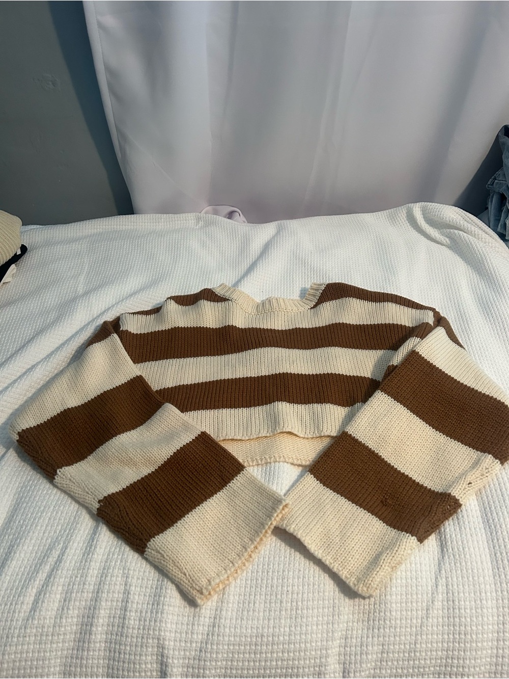 Striped Cropped Knit Sweater - Brown & Cream